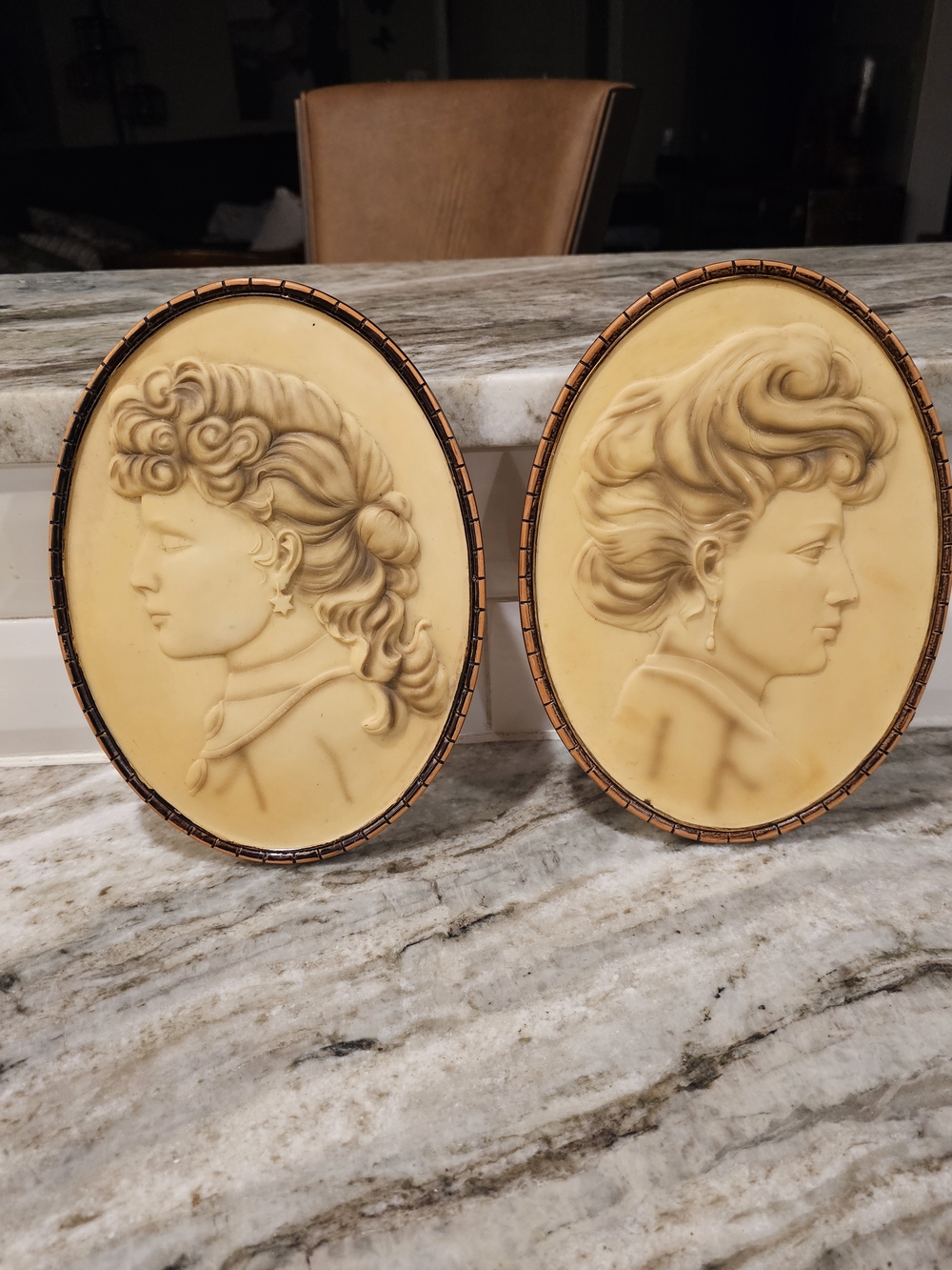Pair of Vintage Oval Cameo Wall Plaques in Warm Ivory